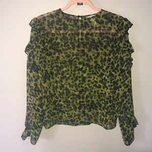 H&M Green leopard print ruffle blouse (sheer)